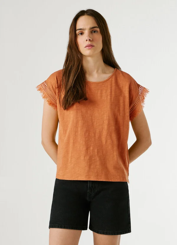 Pepe Jeans T-shirt με λαιμόκοψη με κρόσσια PL5000143-Orange/Πορτοκαλί Pepe Jeans T-shirt με λαιμόκοψη με κρόσσια PL5000143-Orange/Πορτοκαλί