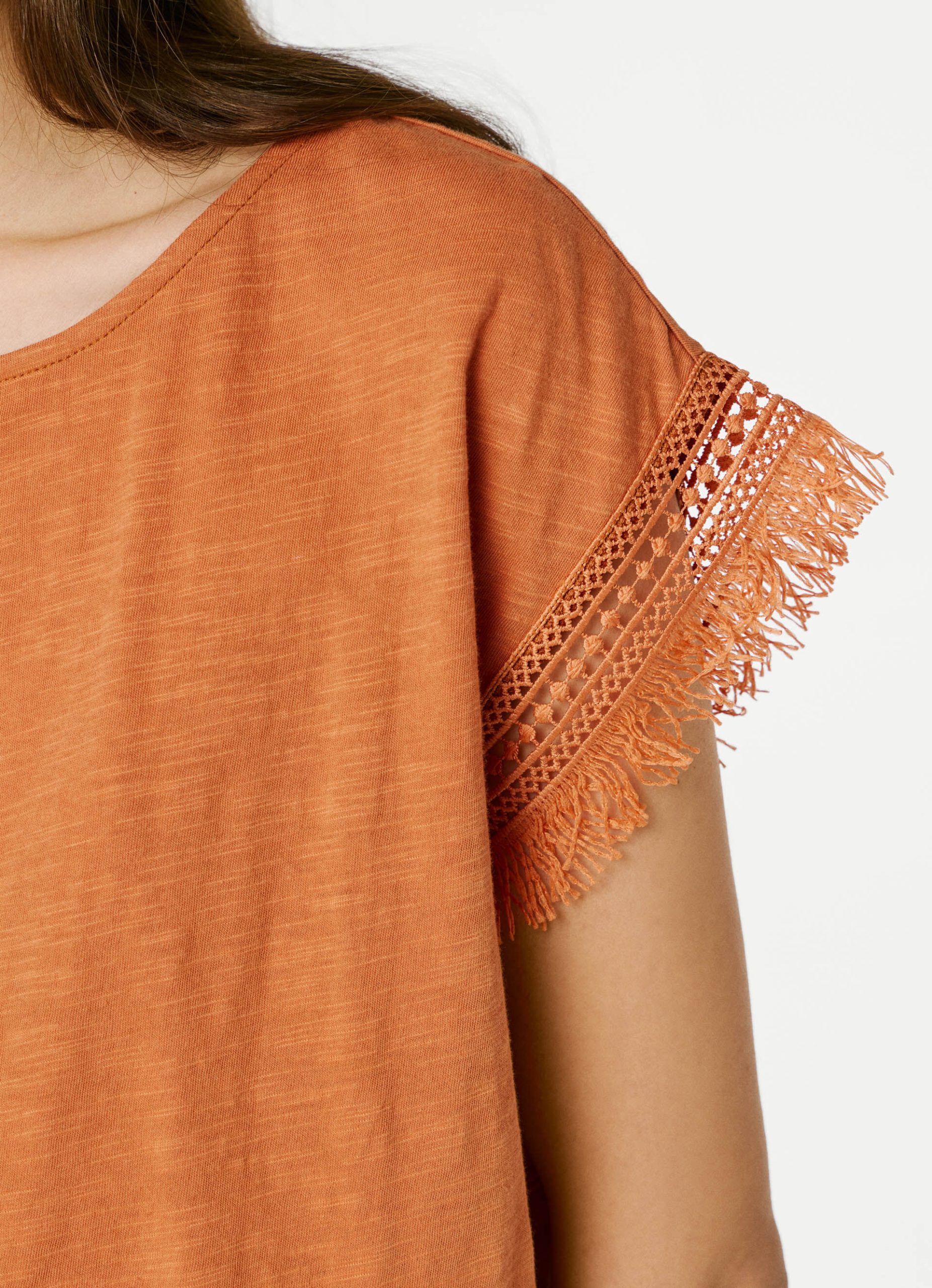 Pepe Jeans T-shirt με λαιμόκοψη με κρόσσια PL5000143-Orange/Πορτοκαλί Pepe Jeans T-shirt με λαιμόκοψη με κρόσσια PL5000143-Orange/Πορτοκαλί